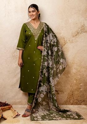 Mehendi Green Embroidered Viscose Rayon Salwar Kameez With Dupatta
