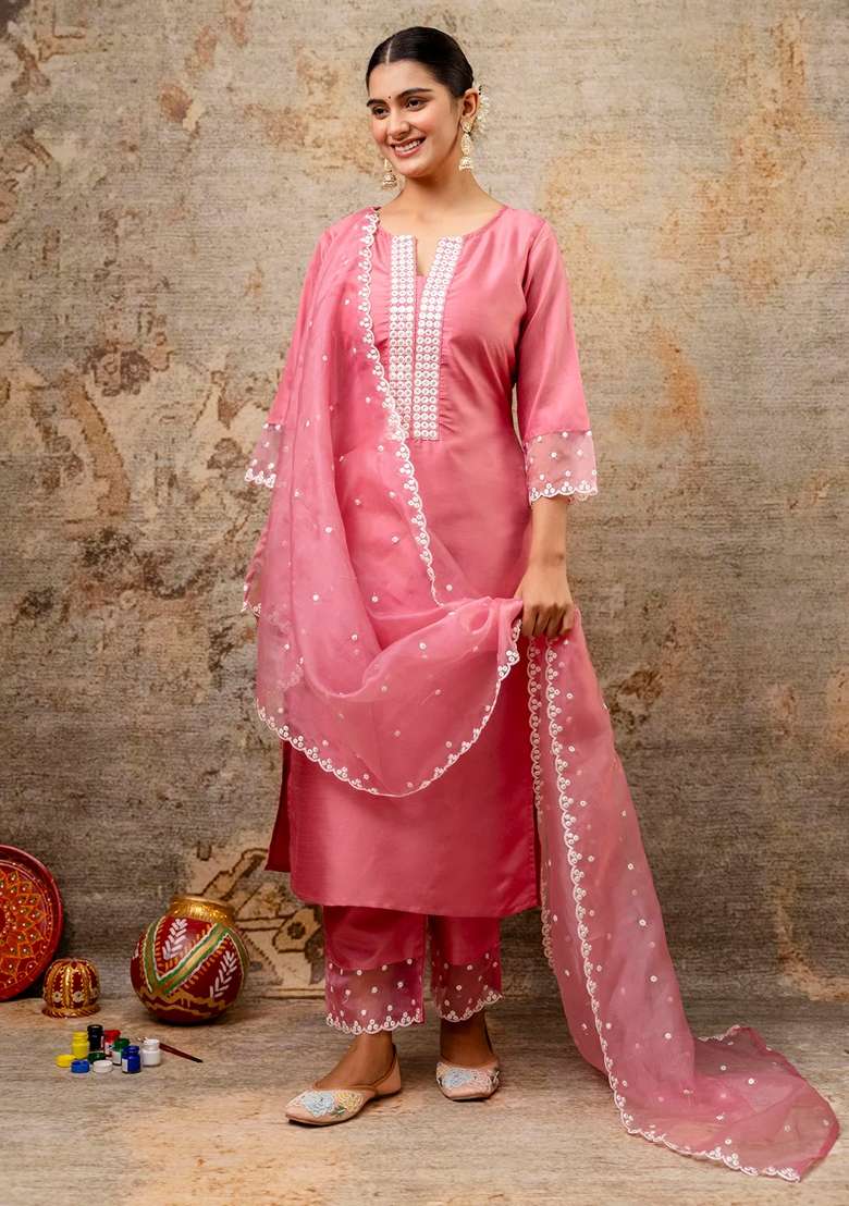 Pink Embroidered Silk Blend Straight Kurta Set - Indya