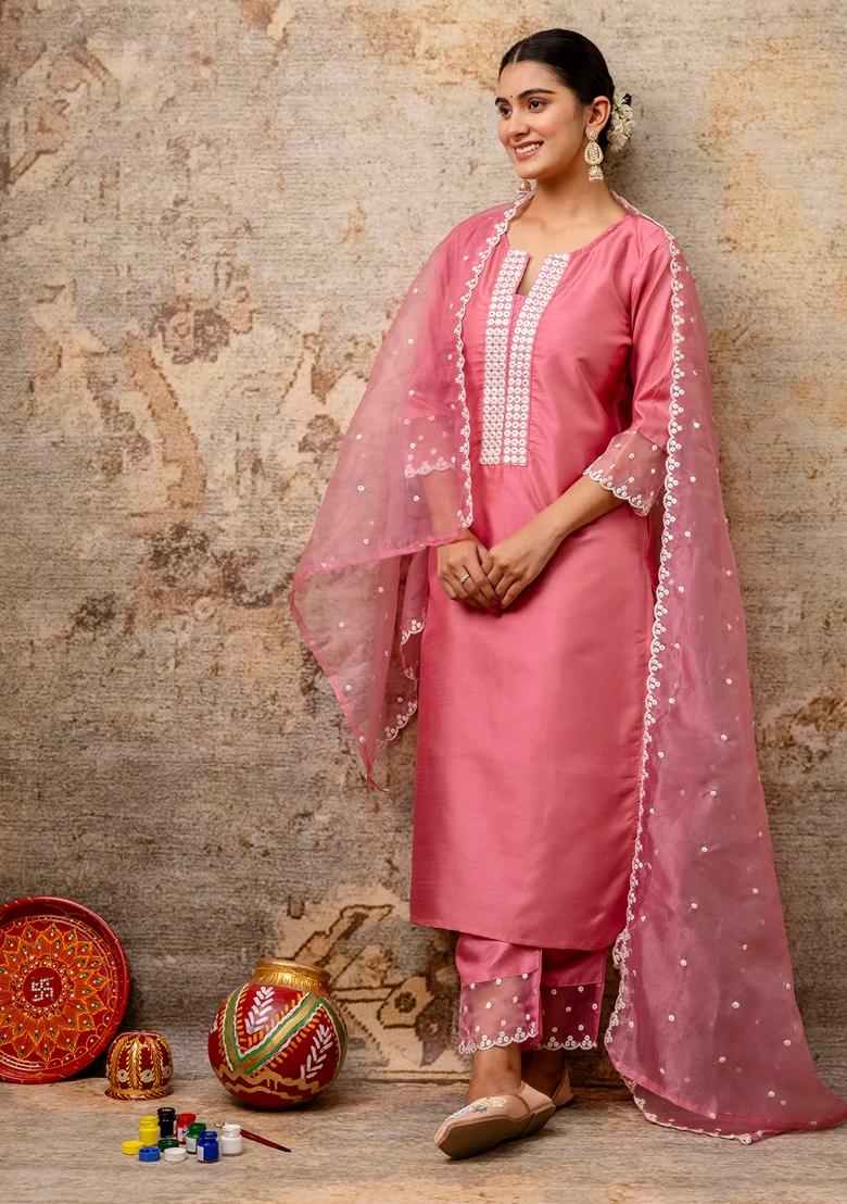 Pink Embroidered Silk Blend Salwar Kameez With Dupatta