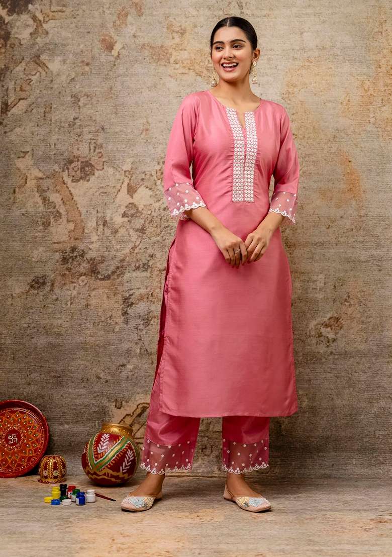 Pink Embroidered Silk Blend Straight Kurta Set - Indya
