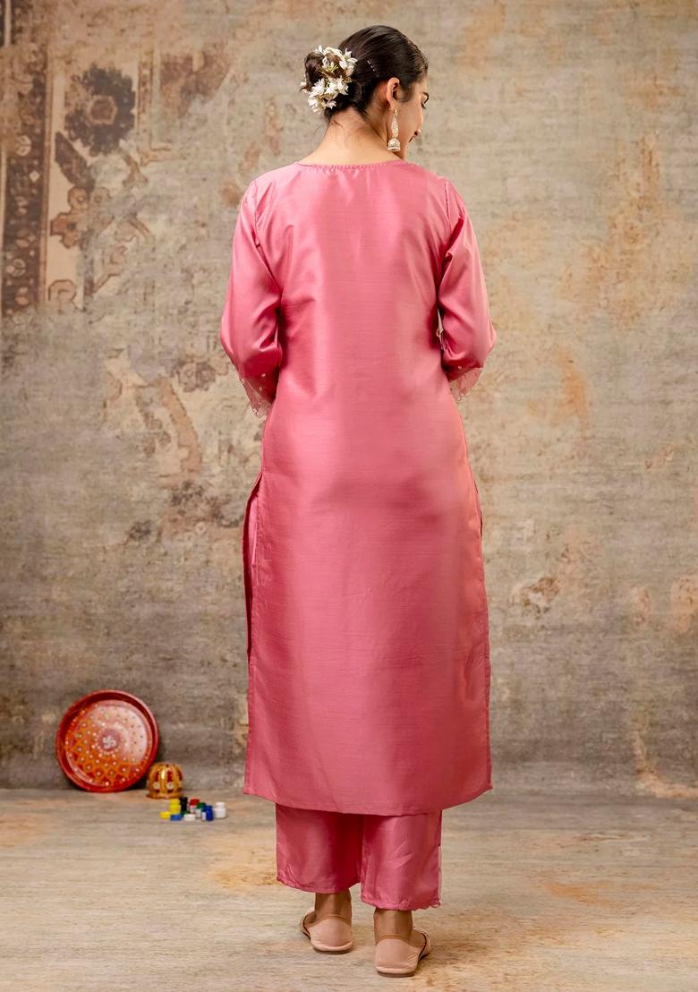 Pink Embroidered Silk Blend Salwar Kameez With Dupatta