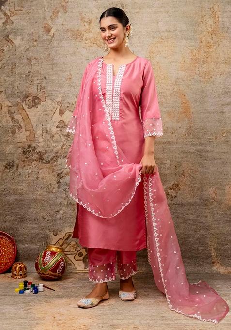 Pink Embroidered Silk Blend Salwar Kameez With Dupatta