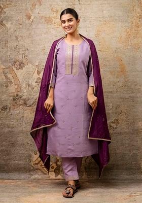 Lavender Embroidered Chanderi Salwar Kameez With Dupatta