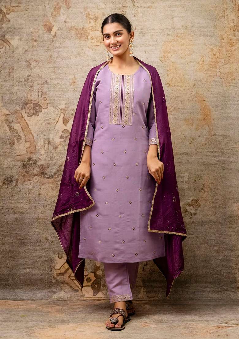 Lavender Embroidered Chanderi Straight Kurta Set - Indya