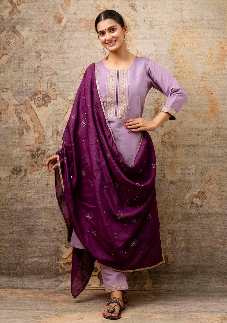 Lavender Embroidered Chanderi Salwar Kameez With Dupatta