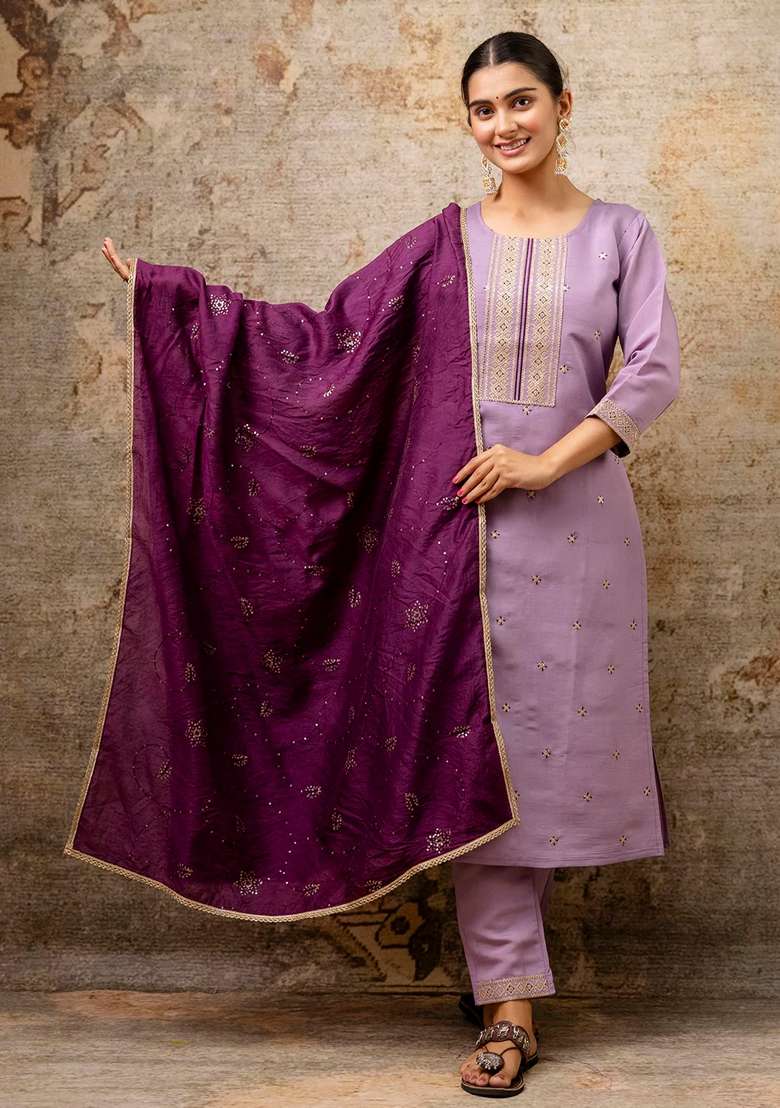 Lavender Embroidered Chanderi Straight Kurta Set - Indya