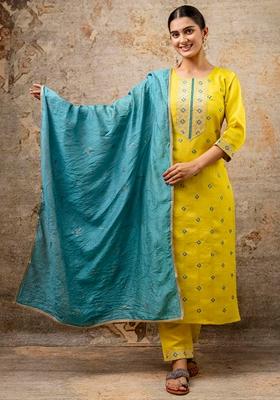 Lemon Yellow Embroidered Chanderi Salwar Kameez With Dupatta