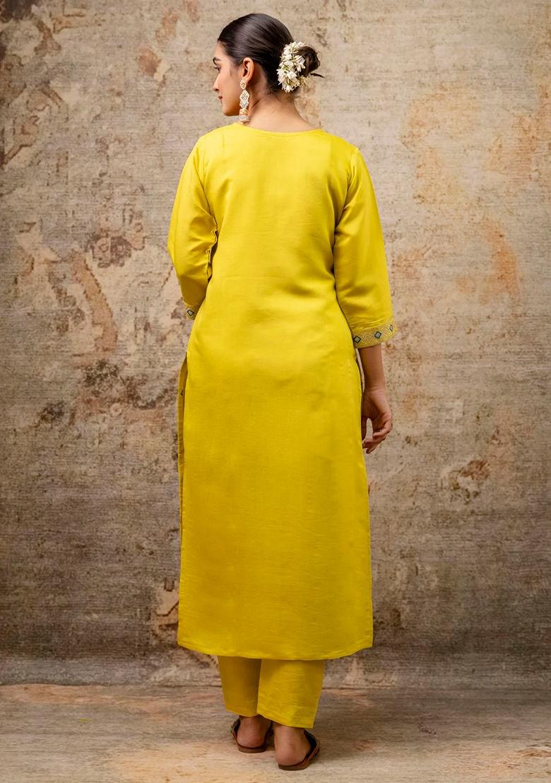 Lemon Yellow Embroidered Chanderi Salwar Kameez With Dupatta