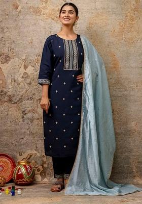 Teal Blue Embroidered Chanderi Salwar Kameez With Dupatta