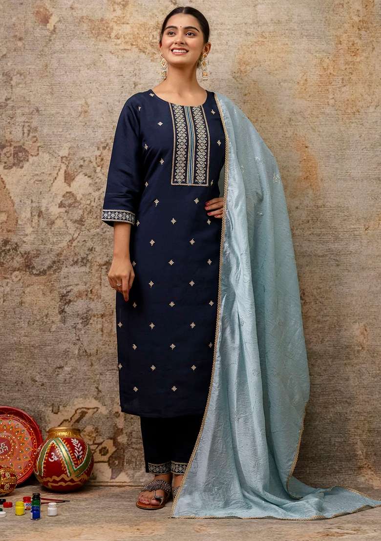 Teal Blue Embroidered Chanderi Straight Kurta Set - Indya