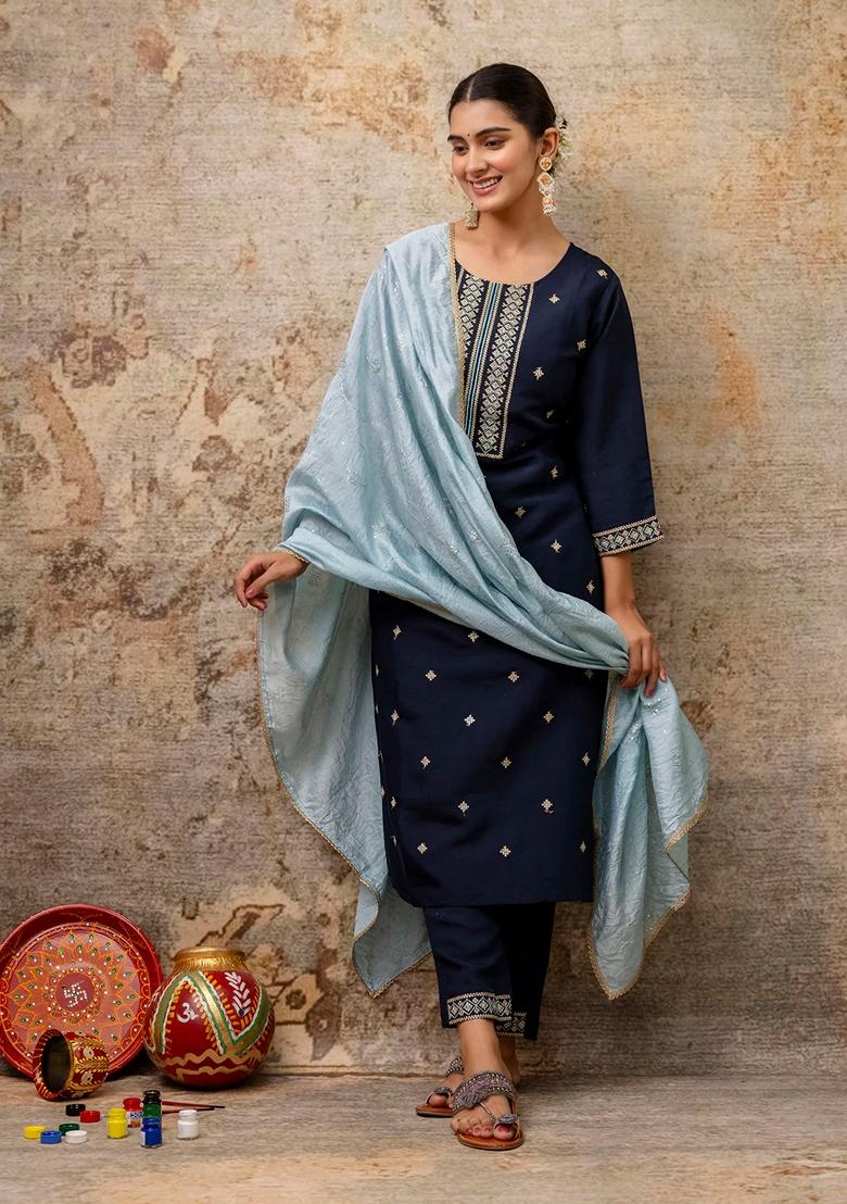 Teal Blue Embroidered Chanderi Salwar Kameez With Dupatta