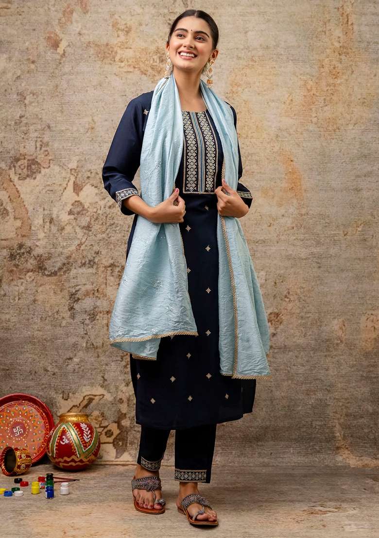Teal Blue Embroidered Chanderi Straight Kurta Set - Indya
