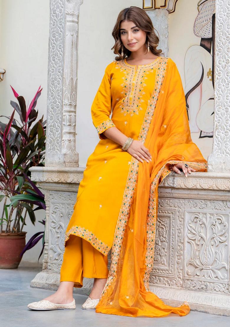 Yellow Embroidered Silk Blend Salwar Kameez With Dupatta