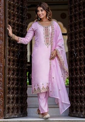 Pink Embroidered Silk Blend Salwar Kameez With Dupatta