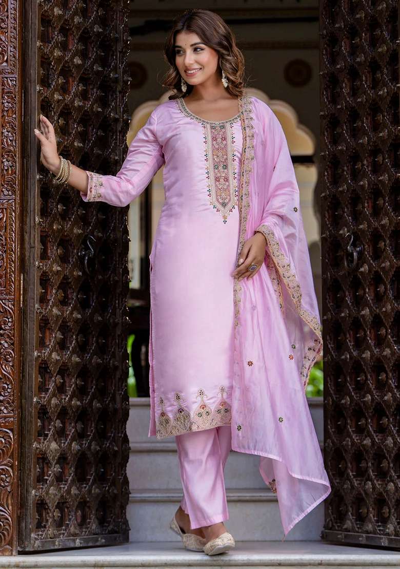 Pink Embroidered Silk Blend Straight Kurta Set - Indya
