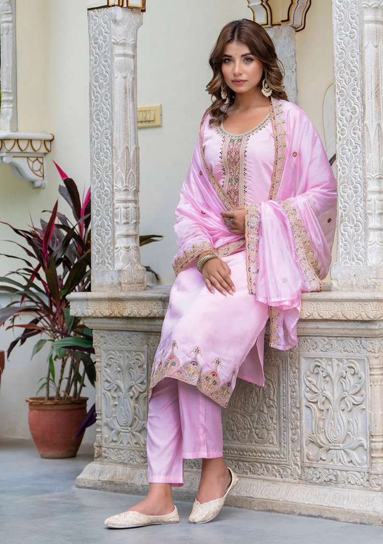 Pink Embroidered Silk Blend Straight Kurta Set - Indya