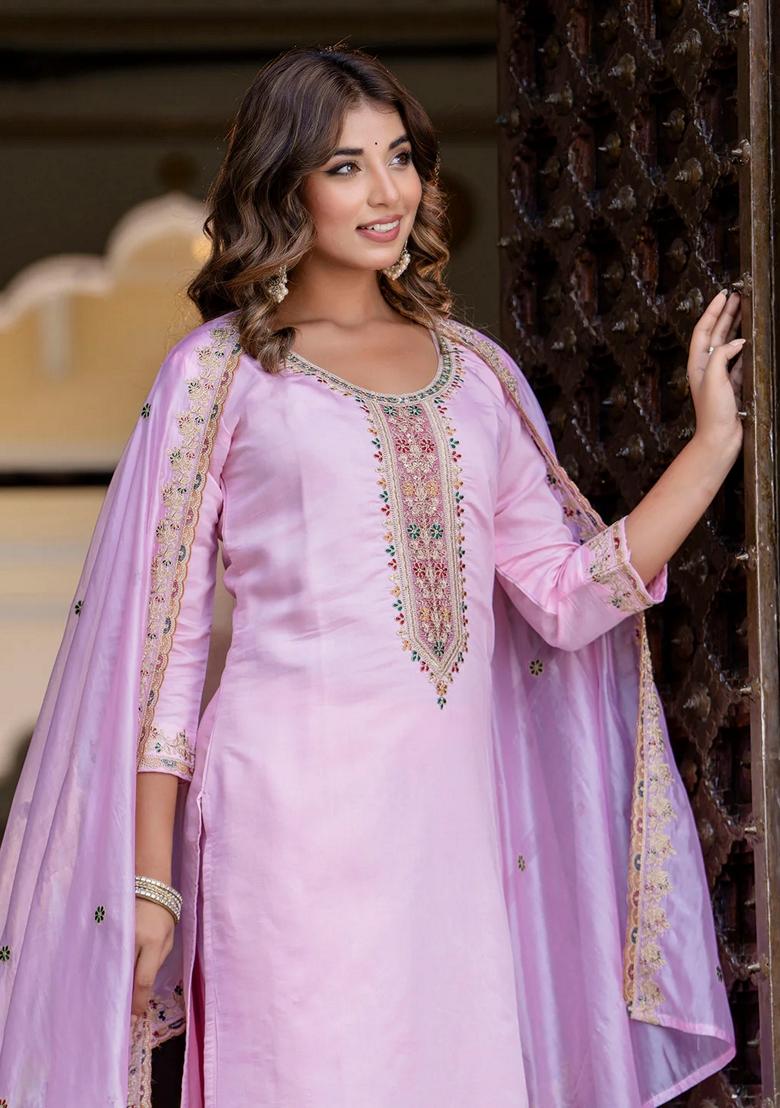 Pink Embroidered Silk Blend Salwar Kameez With Dupatta