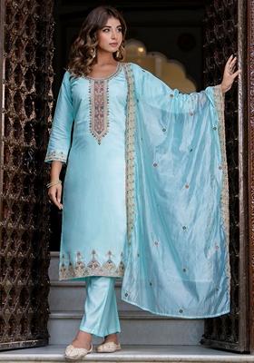 Sky Blue Embroidered Silk Blend Salwar Kameez With Dupatta