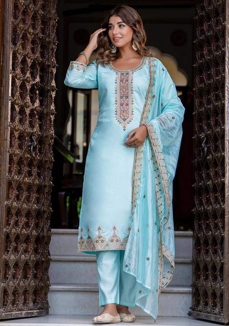 Sky Blue Embroidered Silk Blend Salwar Kameez With Dupatta