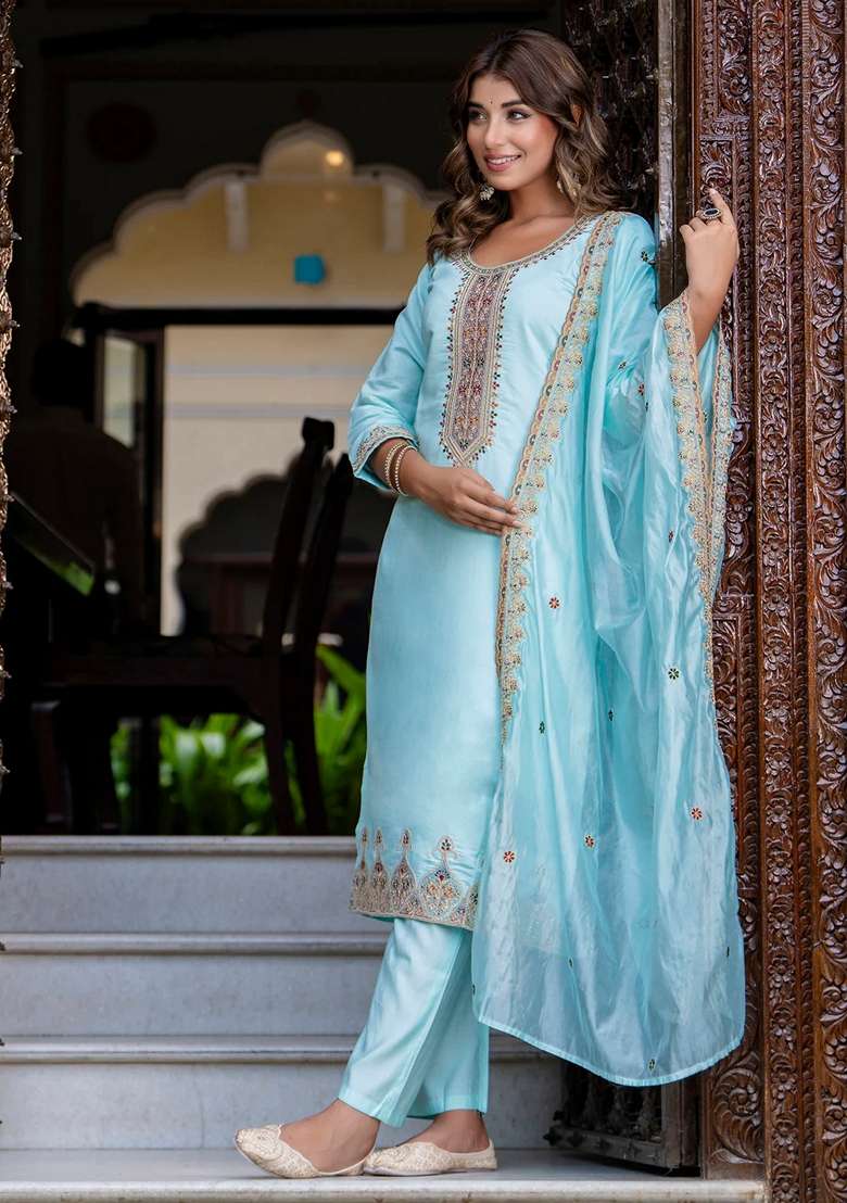 Sky Blue Embroidered Silk Blend Straight Kurta Set - Indya