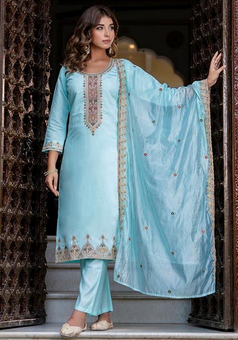 Sky Blue Embroidered Silk Straight Kurta Set