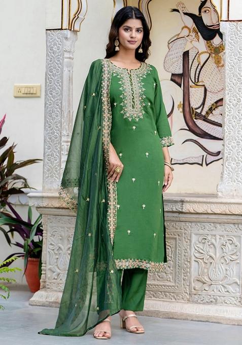 Green Embroidered Silk Straight Kurta Set