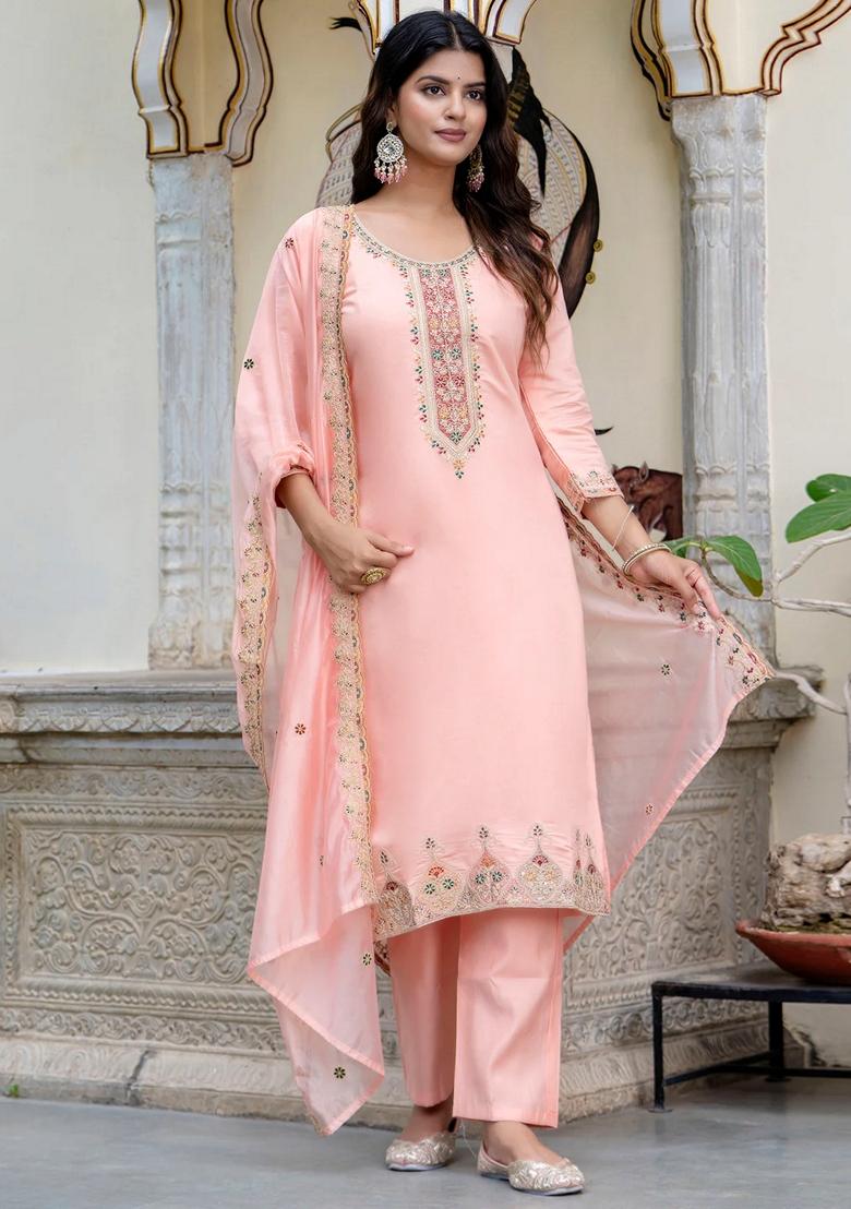 Peach Embroidered Silk Blend Salwar Kameez With Dupatta