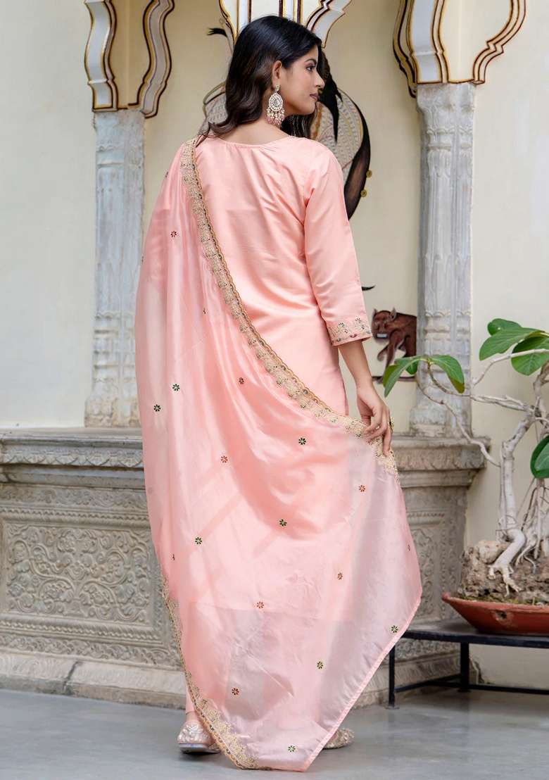 Peach Embroidered Silk Blend Straight Kurta Set - Indya