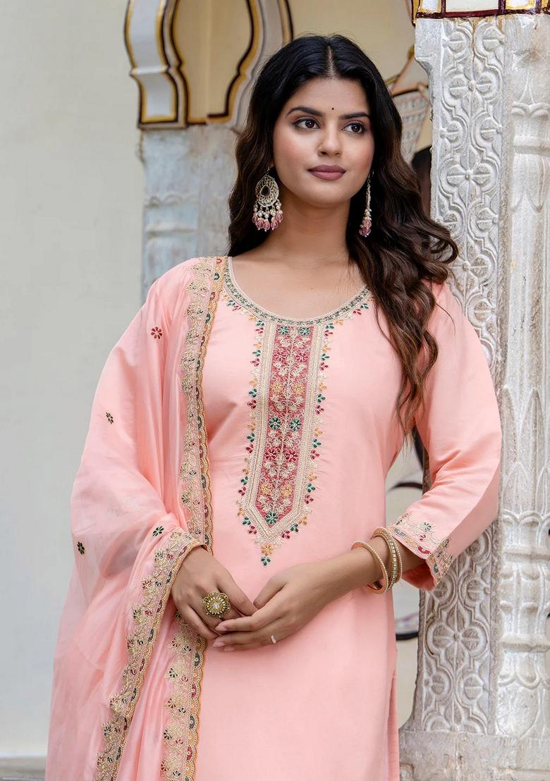 Peach Embroidered Silk Blend Salwar Kameez With Dupatta
