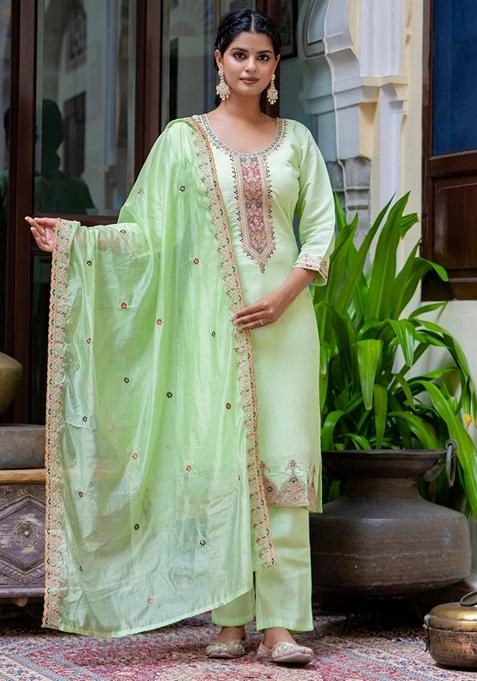 Pista Green Embroidered Silk Straight Kurta Set