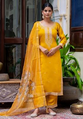 Mustard Yellow Embroidered Silk Salwar Kameez With Dupatta