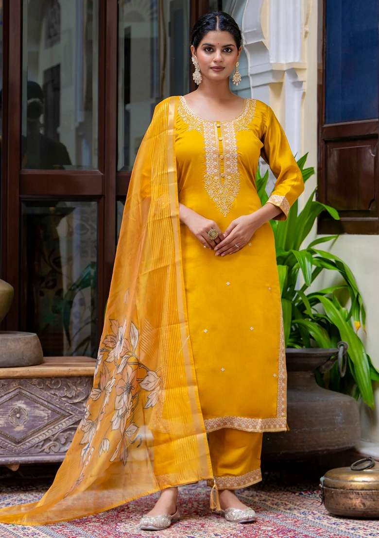 Mustard Yellow Embroidered Silk Blend Straight Kurta Set - Indya
