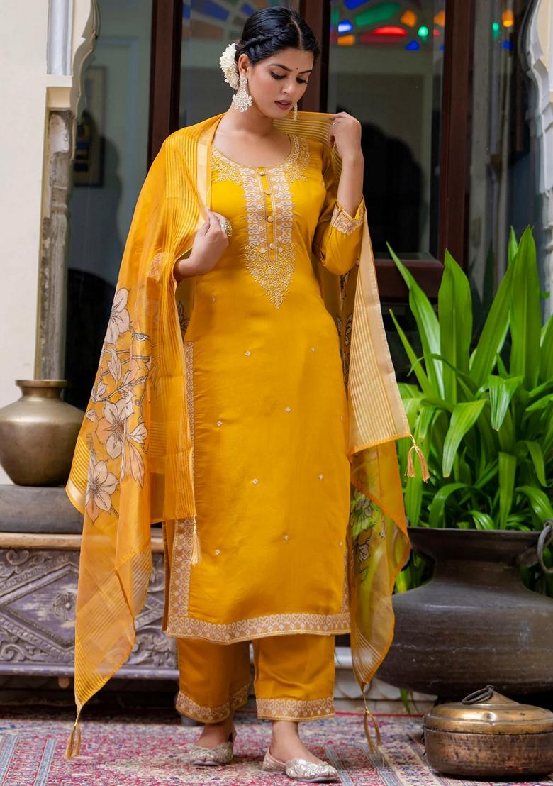 Mustard Yellow Embroidered Silk Salwar Kameez With Dupatta