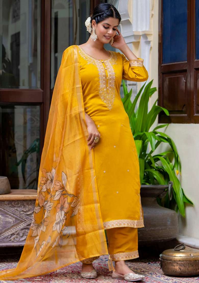 Mustard Yellow Embroidered Silk Blend Straight Kurta Set - Indya