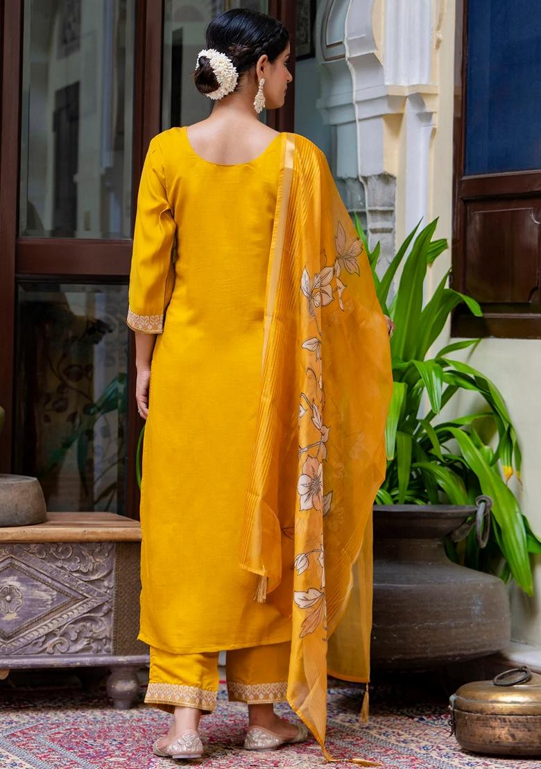 Mustard Yellow Embroidered Silk Salwar Kameez With Dupatta