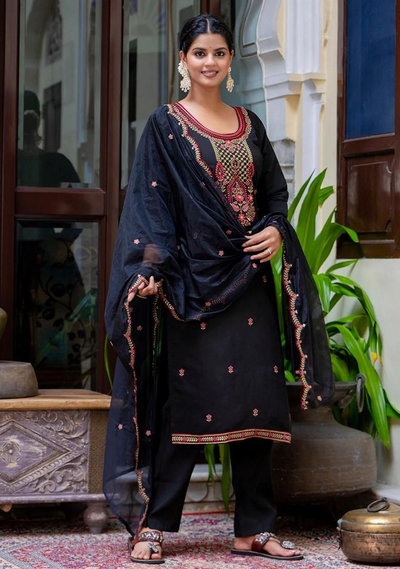 Black Embroidered Silk Blend Salwar Kameez With Dupatta