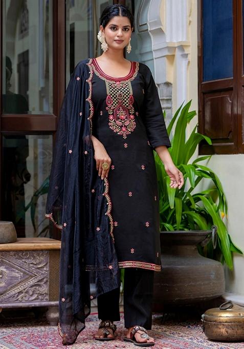Black Embroidered Silk Straight Kurta Set