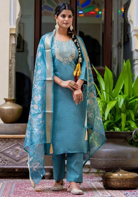 Blue Embroidered Silk Straight Kurta Set