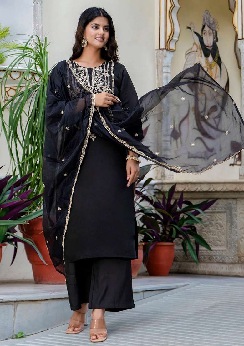 Black Embroidered Silk Blend Straight Kurta Set - Indya