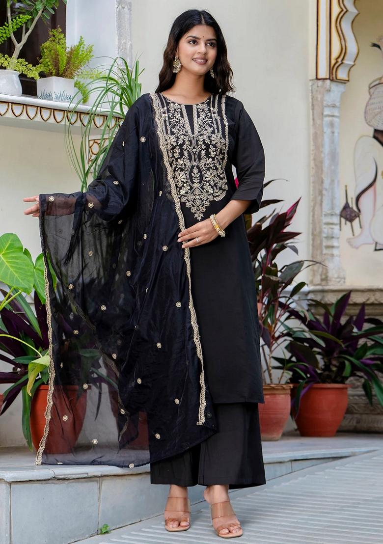 Black Embroidered Silk Blend Salwar Kameez With Dupatta