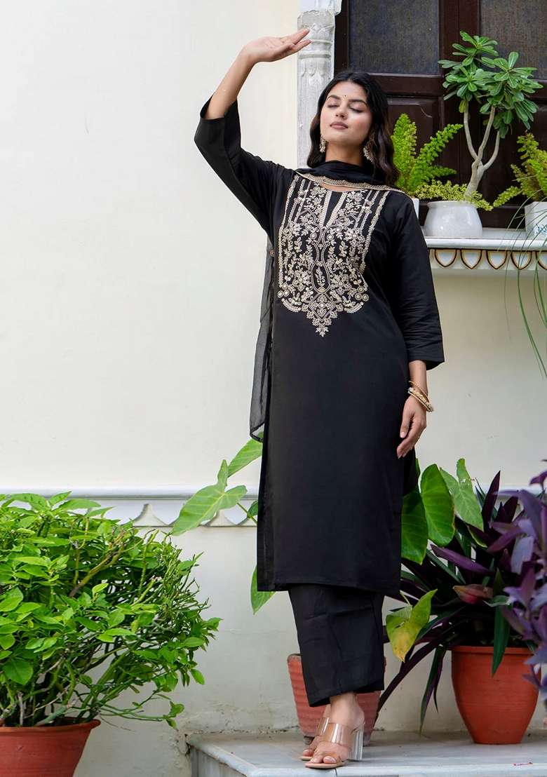 Black Embroidered Silk Blend Straight Kurta Set - Indya
