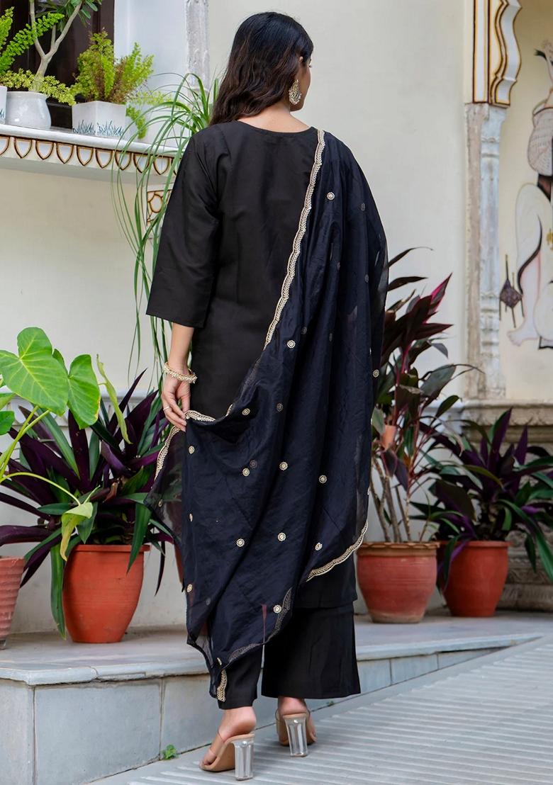 Black Embroidered Silk Blend Salwar Kameez With Dupatta