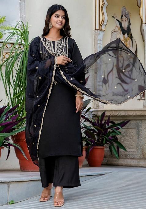 Black Embroidered Silk Straight Kurta Set