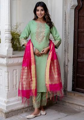 Pista Green Foil Print Pure Cotton Salwar Kameez With Dupatta