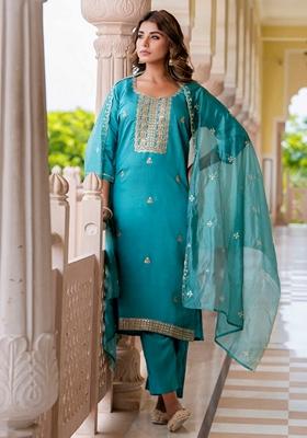 Blue Embroidered Silk Blend Salwar Kameez With Dupatta