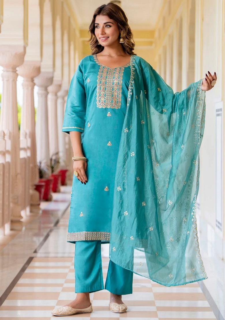 Blue Embroidered Silk Blend Salwar Kameez With Dupatta