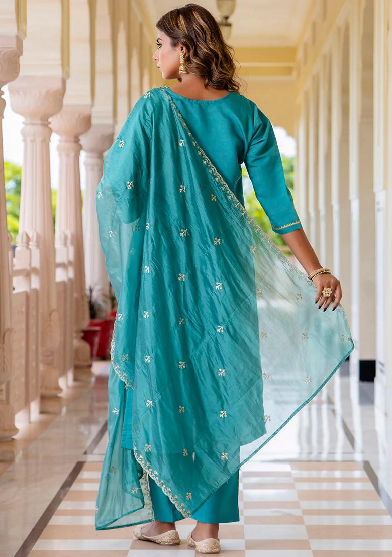 Blue Embroidered Silk Blend Salwar Kameez With Dupatta