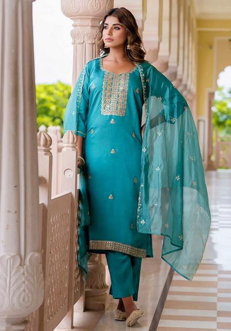 Blue Embroidered Silk Straight Kurta Set