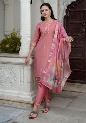 Gajri Pink Embroidered Silk Salwar Kameez With Dupatta