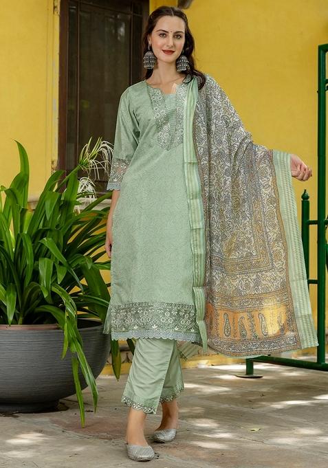 Pista Green Embroidered Cotton Straight Kurta Set